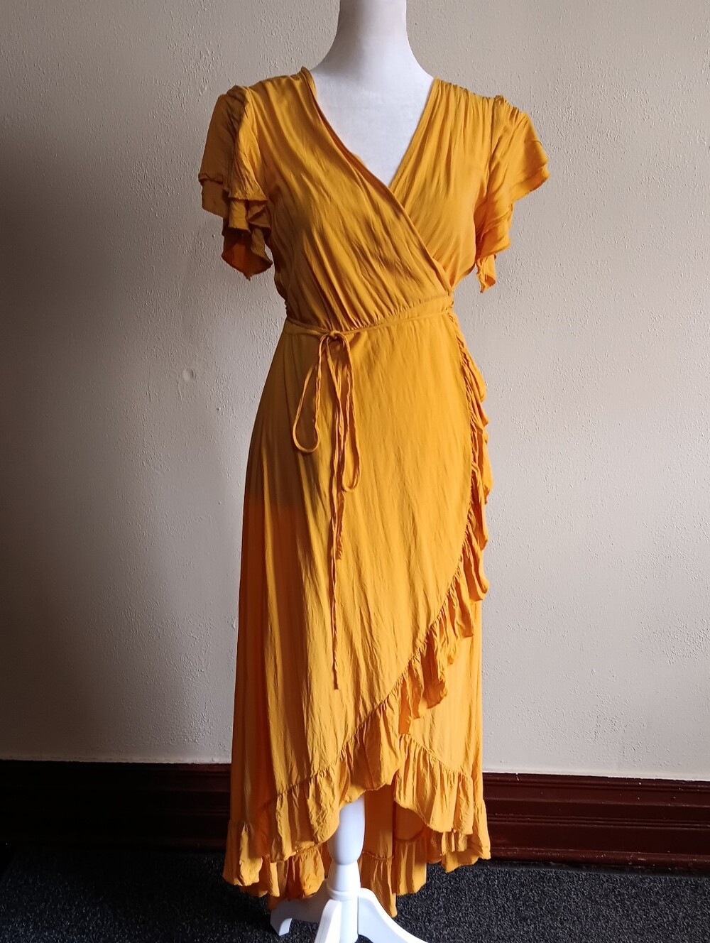 Yellow Tulip Wrap Ruffle 100% Cotton Maxi Dress Size Medium, Fairy Fairycore